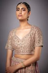 Shop_RI.Ritu Kumar_Pink V Neck Silk Embroidered Bridal Lehenga Set _Online_at_Aza_Fashions