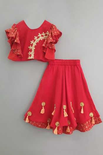 Buy_Little Brats_Red Cotton, Rayon Gota Patti, Tassels Embroidered Blouse And Lehenga Set _at_Aza_Fashions
