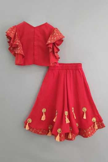 Shop_Little Brats_Red Cotton, Rayon Gota Patti, Tassels Embroidered Blouse And Lehenga Set _at_Aza_Fashions