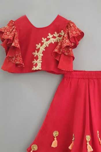 Little Brats_Red Cotton, Rayon Gota Patti, Tassels Embroidered Blouse And Lehenga Set _Online_at_Aza_Fashions