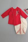 Buy_Little Brats_Red Katan Silk Embroidered Kurta With Dhoti Pant _at_Aza_Fashions