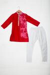 Little Brats_Red Kota Doria, Cotton Embroidery Floral Kurta And Pant Set _Online_at_Aza_Fashions