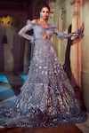 Buy_Bindani by Jigar & Nikita_Grey Net Feather Embroidered Off Shoulder Gown_at_Aza_Fashions