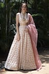 Buy_Labbada_Peach Lehenga And Blouse Art Dupion Embroidered Floral Sweetheart Bridal Set _at_Aza_Fashions