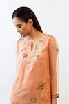 Buy_Labbada_Peach Light Organza Silk Notched Round Neck Embroidered Kurta _Online_at_Aza_Fashions