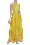 Buy_Vedika M_Yellow One Shoulder Cowl Draped Dress _at_Aza_Fashions