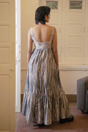 Shop_The Loom Art_Peach Handwoven Cotton Silk V Neck Tiered Sleeveless Dress _at_Aza_Fashions
