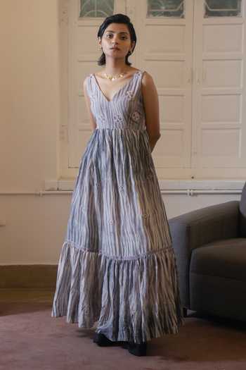 Buy_The Loom Art_Peach Handwoven Cotton Silk V Neck Tiered Sleeveless Dress _Online_at_Aza_Fashions