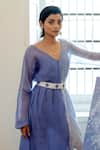 Buy_The Loom Art_Blue Chanderi Organza Silk V Neck Handwoven Shibori Dress _Online_at_Aza_Fashions
