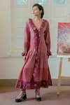 Buy_The Loom Art_Maroon Handwoven Cotton Silk V Neck Shibori Frill Dress _at_Aza_Fashions