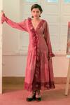 Buy_The Loom Art_Maroon Handwoven Cotton Silk V Neck Shibori Frill Dress _Online_at_Aza_Fashions