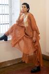 Buy_The Loom Art_Beige Chanderi Organza Silk V Neck Shibori Yoke Kaftan _Online_at_Aza_Fashions