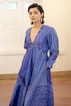 Buy_The Loom Art_Blue Handwoven Chanderi Silk Embroidered V Neck Shibori Tiered Dress  _Online_at_Aza_Fashions