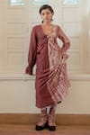 Buy_The Loom Art_Beige Handwoven Cotton Silk V Neck Knotted Shibori Dress  _at_Aza_Fashions