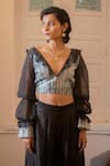 The Loom Art_Black Handwoven Chanderi Silk V Neck Shibori Crop Top  _Online_at_Aza_Fashions