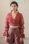 Buy_The Loom Art_Red Handwoven Chanderi Silk V Neck Shibori Crop Top  _Online_at_Aza_Fashions