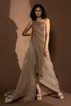 Buy_Abhishek Sharma_Beige Lame Heat Pleated And Metallic Gown One Shoulder, Harness High Neck Draped_at_Aza_Fashions