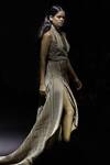 Shop_Abhishek Sharma_Beige Lame Heat Pleated And Metallic Gown One Shoulder, Harness High Neck Draped_Online_at_Aza_Fashions