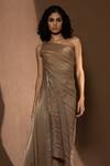 Abhishek Sharma_Beige Lame Heat Pleated And Metallic Gown One Shoulder, Harness High Neck Draped_at_Aza_Fashions
