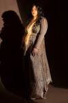 Abhishek Sharma_Beige Lame Pleated Draped Dress_Online_at_Aza_Fashions