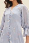 Shop Meadow Blue Silk, Cotton Organza Floral V Neck Lera Embroidered Frill Dress Online at Aza Fashions Shop_Meadow_Blue Silk, Cotton Organza Floral V Neck Lera Embroidered Frill Dress _Online_at_Aza_Fashions