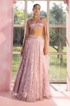 SAANJH BY LEA_Purple Mesh Hand Embroidered Sequin Work Plunge Nohreen Lehenga And Blouse Set _Online_at_Aza_Fashions