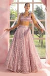 SAANJH BY LEA_Purple Mesh Hand Embroidered Sequin Work Plunge Nohreen Lehenga And Blouse Set _at_Aza_Fashions