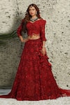 Buy_Archana Kochhar_Red Net Resham Hand Work V Neck Floral Embroidered Bridal Lehenga Set _at_Aza_Fashions