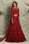 Archana Kochhar_Red Net Resham Hand Work V Neck Floral Embroidered Bridal Lehenga Set _Online_at_Aza_Fashions