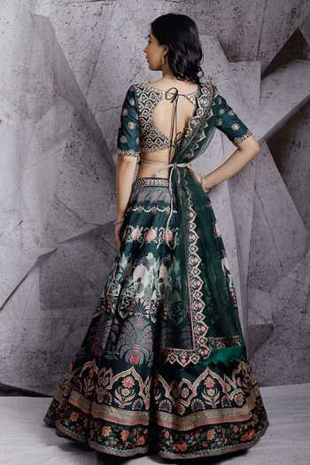 Shop_Archana Kochhar_Green Blouse And Lehenga Raw Silk Dupatta Net Mirror Work, Floral Print Set _at_Aza_Fashions