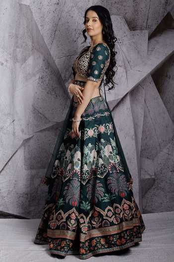Archana Kochhar_Green Blouse And Lehenga Raw Silk Dupatta Net Mirror Work, Floral Print Set _Online_at_Aza_Fashions