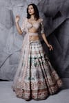 Buy_Archana Kochhar_Ivory Blouse And Lehenga Raw Silk Dupatta Net Print & Embroidery Bridal Set _at_Aza_Fashions