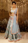 Buy_Archana Kochhar_Blue Lehenga And Blouse Raw Silk Printed Floral V Neck Bridal Set _at_Aza_Fashions