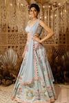 Archana Kochhar_Blue Lehenga And Blouse Raw Silk Printed Floral V Neck Bridal Set _Online_at_Aza_Fashions