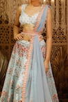 Buy_Archana Kochhar_Blue Lehenga And Blouse Raw Silk Printed Floral V Neck Bridal Set _Online_at_Aza_Fashions