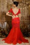 Shop_Archana Kochhar_Red Net French Lace And Swarovski Stones Embroidered Lehenga And Blouse Set _at_Aza_Fashions