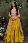 Buy_Archana Kochhar_Yellow Lehenga And Blouse Raw Silk Dupatta Net Embroidered Floral Motifs Set _at_Aza_Fashions