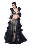 Shop_Archana Kochhar_Black Georgette And Net Embroidery Sequin Plunge V Neck & Floral Lehenga Set _at_Aza_Fashions