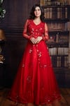 Buy_Archana Kochhar_Red Lehenga Raw Silk Jacket Net Mirror And Anchor Thread V Embroidered & Set _at_Aza_Fashions