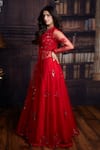 Shop_Archana Kochhar_Red Lehenga Raw Silk Jacket Net Mirror And Anchor Thread V Embroidered & Set _at_Aza_Fashions