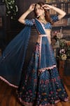 Archana Kochhar_Blue Lehenga And Blouse Raw Silk Dupatta Net Printed Floral Motifs Lagoon Set _Online_at_Aza_Fashions