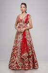 Archana Kochhar_Red Raw Silk Embroidered Gota Plunge V Neck Bridal Lehenga Set _Online_at_Aza_Fashions