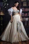 Buy_Archana Kochhar_Beige Raw Silk, Net Resham And Pita One Embroidered Lehenga & Ruffle Blouse Set _at_Aza_Fashions