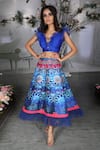 Buy_Archana Kochhar_Blue Net Printed Lotus Motifs Plunge V Neck And Ruffle Set _at_Aza_Fashions