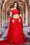 Buy_Archana Kochhar_Red Net, French Lace Swarovski One Shoulder Embroidered Lehenga Set _at_Aza_Fashions