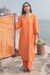 Label Earthen_Orange Handwoven Banarasi Silk Round Kurta And Pant Set _Online_at_Aza_Fashions