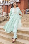 Shop_Label Earthen_Green Chanderi Silk Round Anarkali Set _at_Aza_Fashions