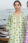 Shop_Label Earthen_Green Chanderi Silk V Neck Kurta Set _at_Aza_Fashions