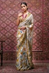 Buy_Archana Jaju_White Crepe Printed Kalamkari V Neck Hand Saree With Blouse For Women_at_Aza_Fashions