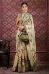 Buy_Archana Jaju_Beige Zari Buti Silk Printed Kalamkari V Neck Hand Saree With Blouse _Online_at_Aza_Fashions